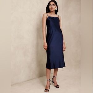 Banana Republic Edina Silk Midi Dress Navy Blue 100% Silk Size Large